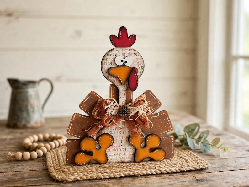 Pu&ograve; includere: Una statuetta decorativa di tacchino in legno con cresta rossa, becco giallo e bargiglio rosso. Il corpo &egrave; decorato con testo che riporta pumpkin pie, apple pie e cranberry crisp. Include un fiocco in tessuto marrone e piedi arancioni.