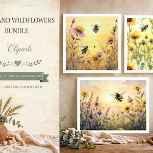 Puede incluir: Un paquete digital de tres impresiones artísticas cuadradas y rectangulares con ilustraciones en acuarela de abejas y flores silvestres. El texto dice BEES AND WILDFLOWERS BUNDLE, Cliparts, DIGITAL DOWNLOAD, PRINTABLE ART y SVG INSTANT DOWNLOAD.