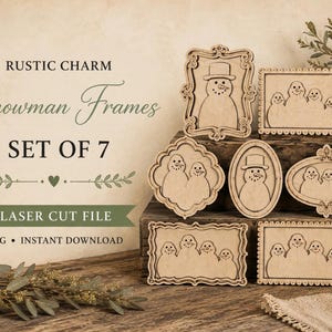 May include: A set of seven light brown wooden frames featuring laser-cut snowman designs. The frames vary in shape, including rectangular, oval, and ornate styles, each displaying different groupings of snowmen with hats and carrot noses.