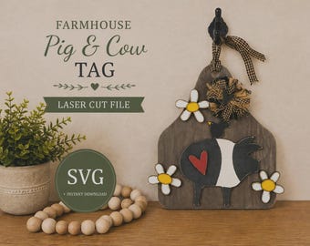 Etiqueta SVG de cerdo y vaca de granja: archivo de corte láser (descarga digital)