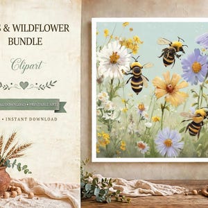 Puede incluir: Una impresión de arte digital con abejas y flores silvestres con el texto BEES & WILDFLOWER BUNDLE Clipart DIGITAL DOWNLOAD PRINTABLE ART SVG INSTANT DOWNLOAD. La imagen muestra flores amarillas y moradas con tres abejas en un prado.