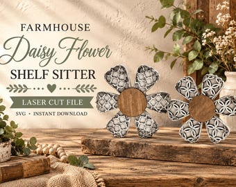 May include: Two daisy flower shelf sitters featuring white petals with a black geometric lattice pattern and a circular brown wood center. The text FARMHOUSE DAISY FLOWER SHELF SITTER LASER CUT FILE SVG INSTANT DOWNLOAD is printed on the left side.