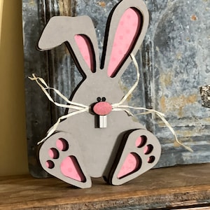 May include: A gray wooden bunny rabbit with pink ears and feet. The ears and feet have a pink polka dot pattern. The bunny has a small black nose and a red mouth.