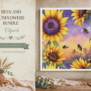 Puede incluir: Una impresión de arte digital con girasoles amarillos y abejas sobre un cielo de atardecer morado y naranja. El texto dice BEES AND SUNFLOWERS BUNDLE, Cliparts, DIGITAL DOWNLOAD, PRINTABLE ART, SVG e INSTANT DOWNLOAD sobre un fondo texturizado.