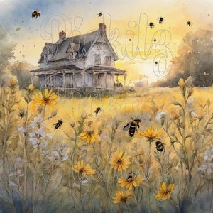 Bees, Wildflowers, Old Farmhouse Instant Download, Printable 8x8, Sublimation Decoupage Cans Labels