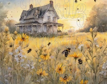 Bees, Wildflowers, Old Farmhouse Instant Download, Printable 8x8, Sublimation Decoupage Cans Labels