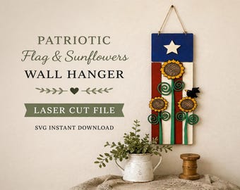 Bandera patriótica y girasoles (descarga digital en formato SVG para Glowforge o láser). No es un artículo físico.
