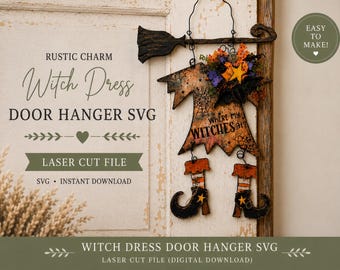 Diseño SVG para colgar en la puerta con forma de vestido de bruja: Archivo de corte láser estilo granja (descarga digital)