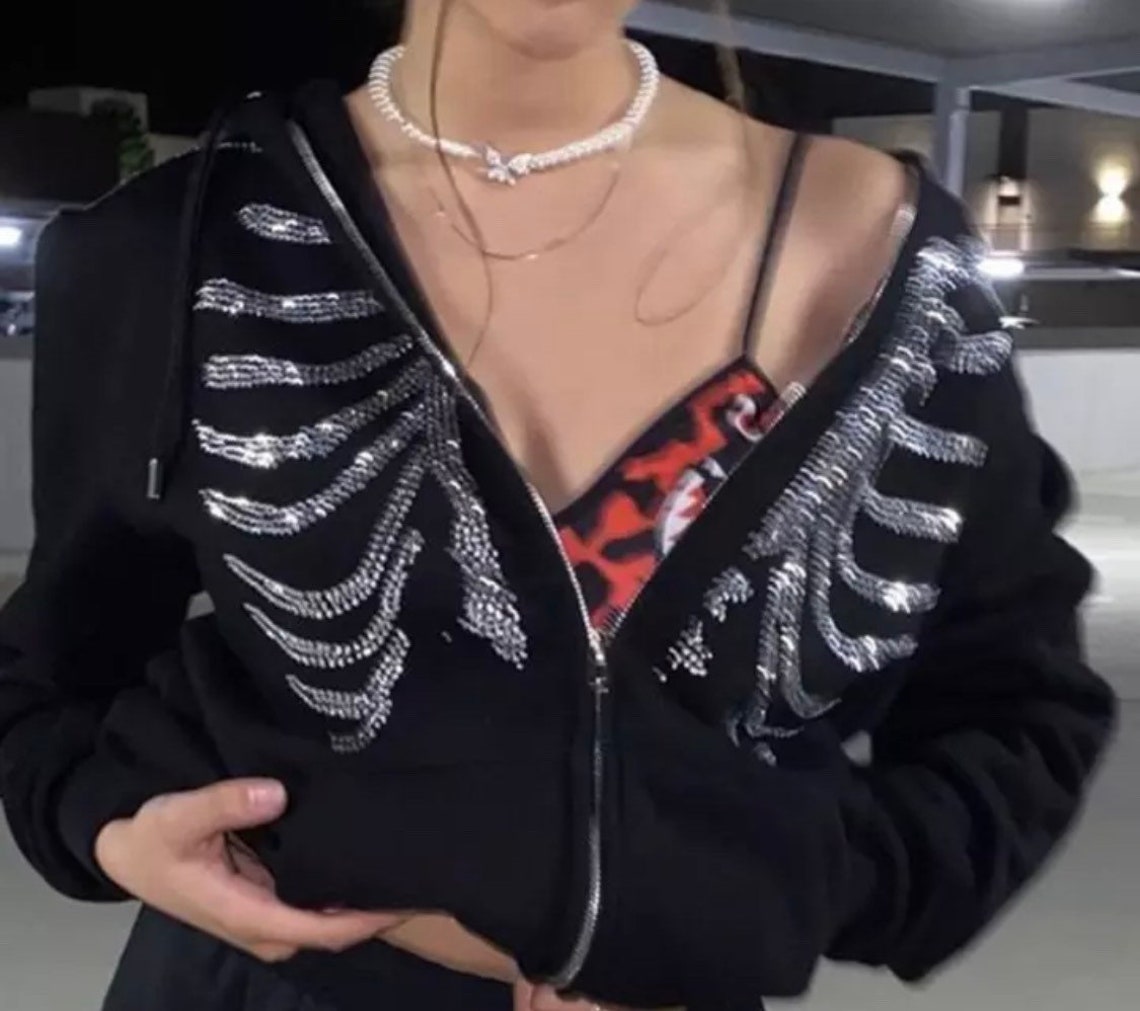 Skeleton Y2K Rhinestone Skull Zip up Sweater Oversized Hoodie Etsy