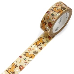 Saien Fox Washi Tape with Silver Accents, 15mm x 7m, Kawaii Washi Tape, Japanese Washi Tape
