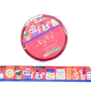 May include: A roll of red washi tape with a kitchen-themed design. The tape features illustrations of teapots, chickens, and food items. The label has Japanese text and the words "WORLD CRAFT".