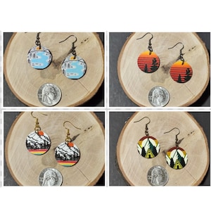 Outdoor Theme Earrings, Mountain Earrings, Forest Earrings, Camping Earrings, Rustic Cabin Earrings, Made in Alaska Earrings