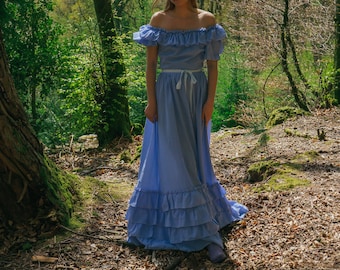 Vintage blauwe off-shoulder jurk uit de jaren 80, The Bluebelle