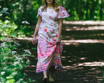 1970s White Pink Floral Cotton Dress, The Hebe