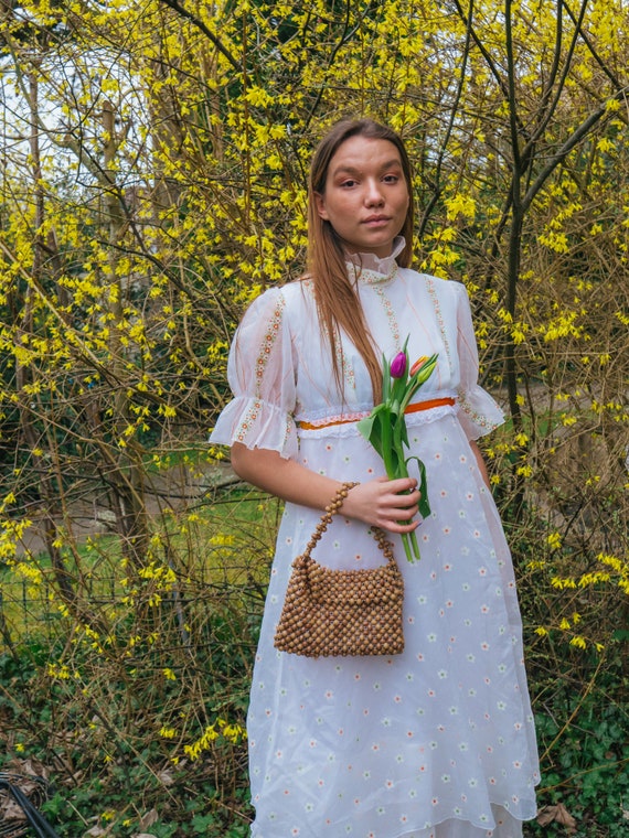 1970s White Floral Dress, Empire Waist, The Clementine 1970s White Floral Dress, Empire Waist, The Clementine