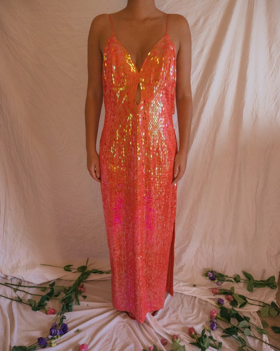 Vintage Frank Usher Coral Sequin Maxi Dress - The