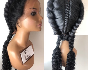 BLACK 28 inches Hand braided lace front NEW*Dutch Twin Braided lace front Wig with Baby Hair - Middle Parted  WITH Bohemian Curly ends