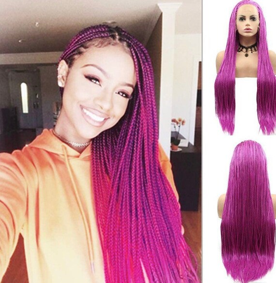 Lila Front Lace Perücke Mit Box Braids – 66 Cm Lang, 200 % Dichte, Hitzebeständiges Kunsthaar