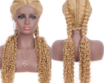 28 inch GOLDEN Blonde hand braided lace front NEW*Dutch Twin Braided lace front Wig with Baby Hair - Middle Parted  WITH Bohemian Curly ends