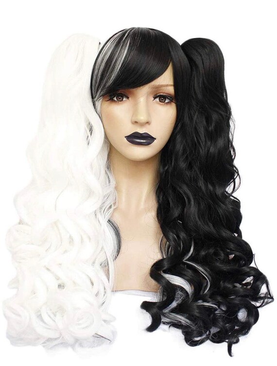 Cosplay Curly Black White Pigtail Bang Full Cap Wig new Etsy
