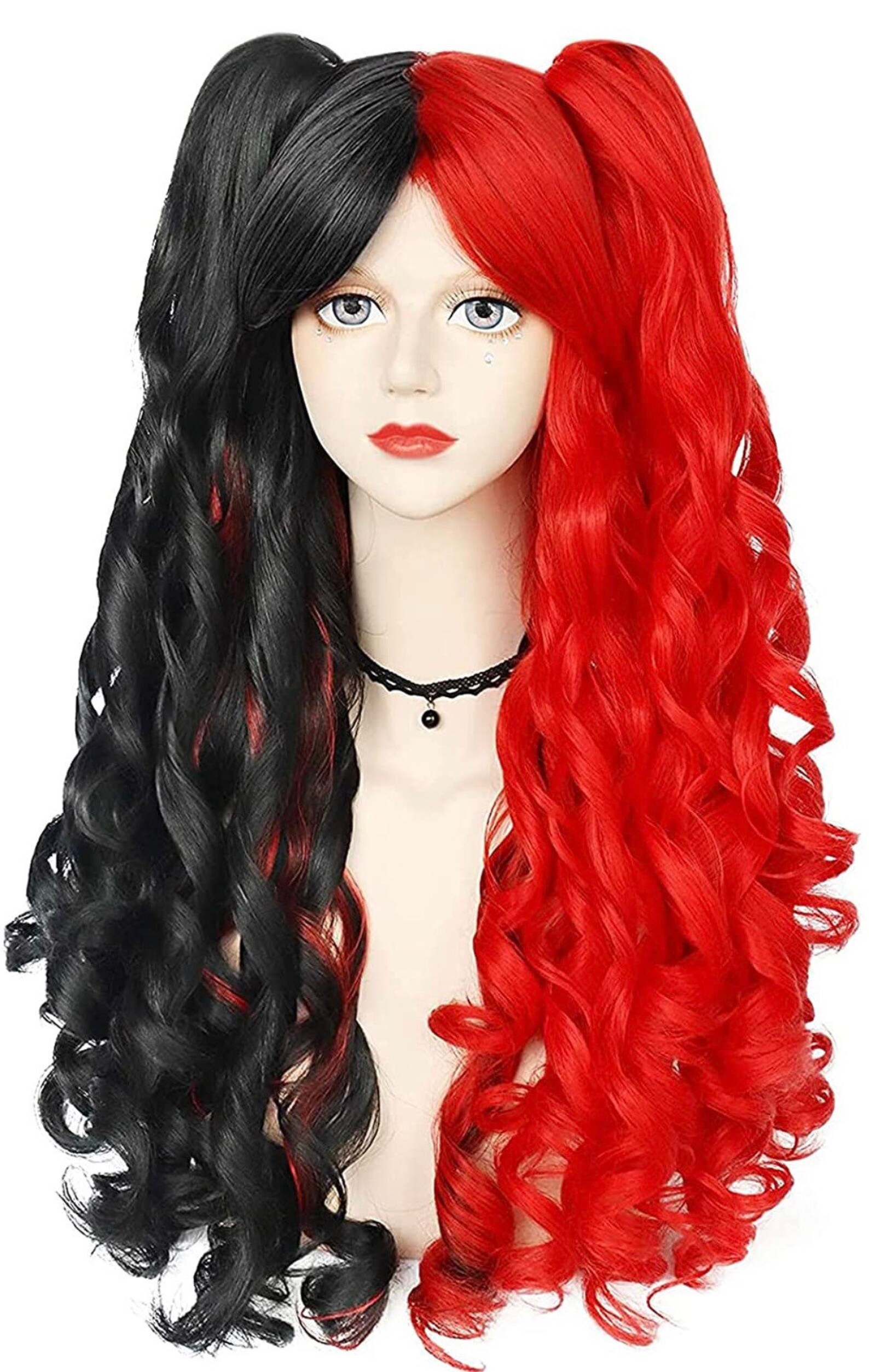 Cosplay Curly RED & BLACK Pigtail Bang Full Cap Wig new Etsy