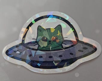Green cat in Space - 2.25 x 3.5 inches - Great for scrapbook, planners, notebook and laptop.