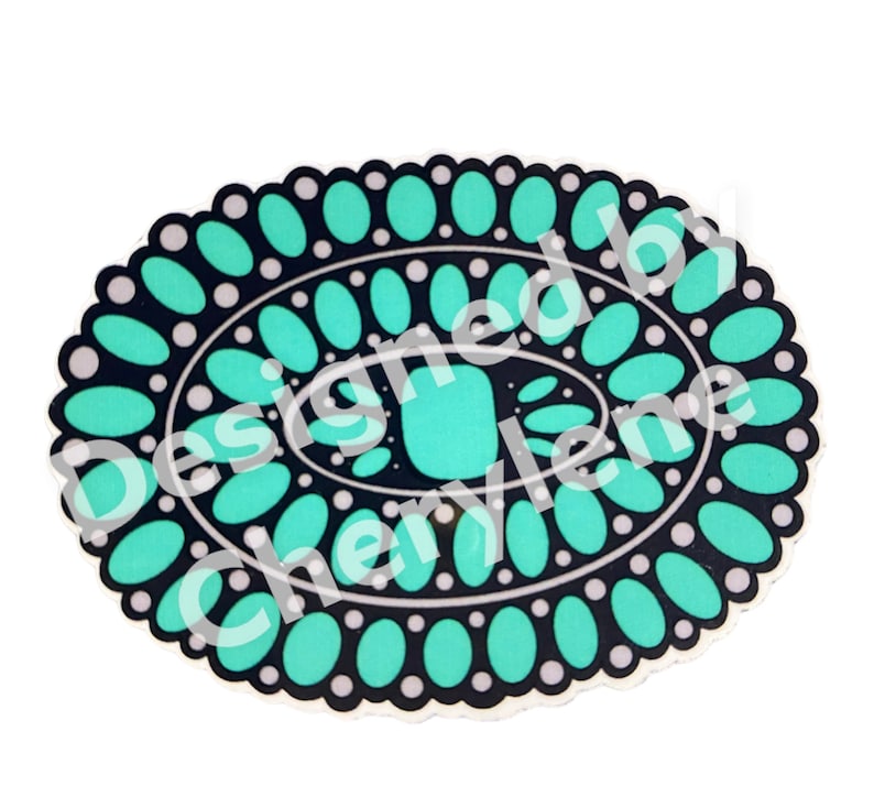 May include: An oval-shaped sticker with a turquoise and black design. The design features turquoise ovals and dots, with the text "designed by cherylene" in white. The sticker has a white scalloped edge.
