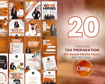May include: A collection of 20 tax preparation social media flyers with an orange and white color scheme. The flyers include text such as "Tax Preparation," "Tax Season," and "Taxtober." The image also includes the Canva Pro logo.