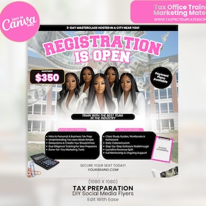 May include: A promotional flyer for a tax preparation masterclass. The design features the text "REGISTRATION IS OPEN" in pink, with images of women in white blazers. The flyer includes details about the course, pricing, and contact information.