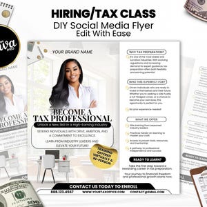 May include: A promotional flyer for a tax preparation class. The flyer features a woman's image and text that reads "Become a Tax Professional." The flyer also includes contact information and details about the class.