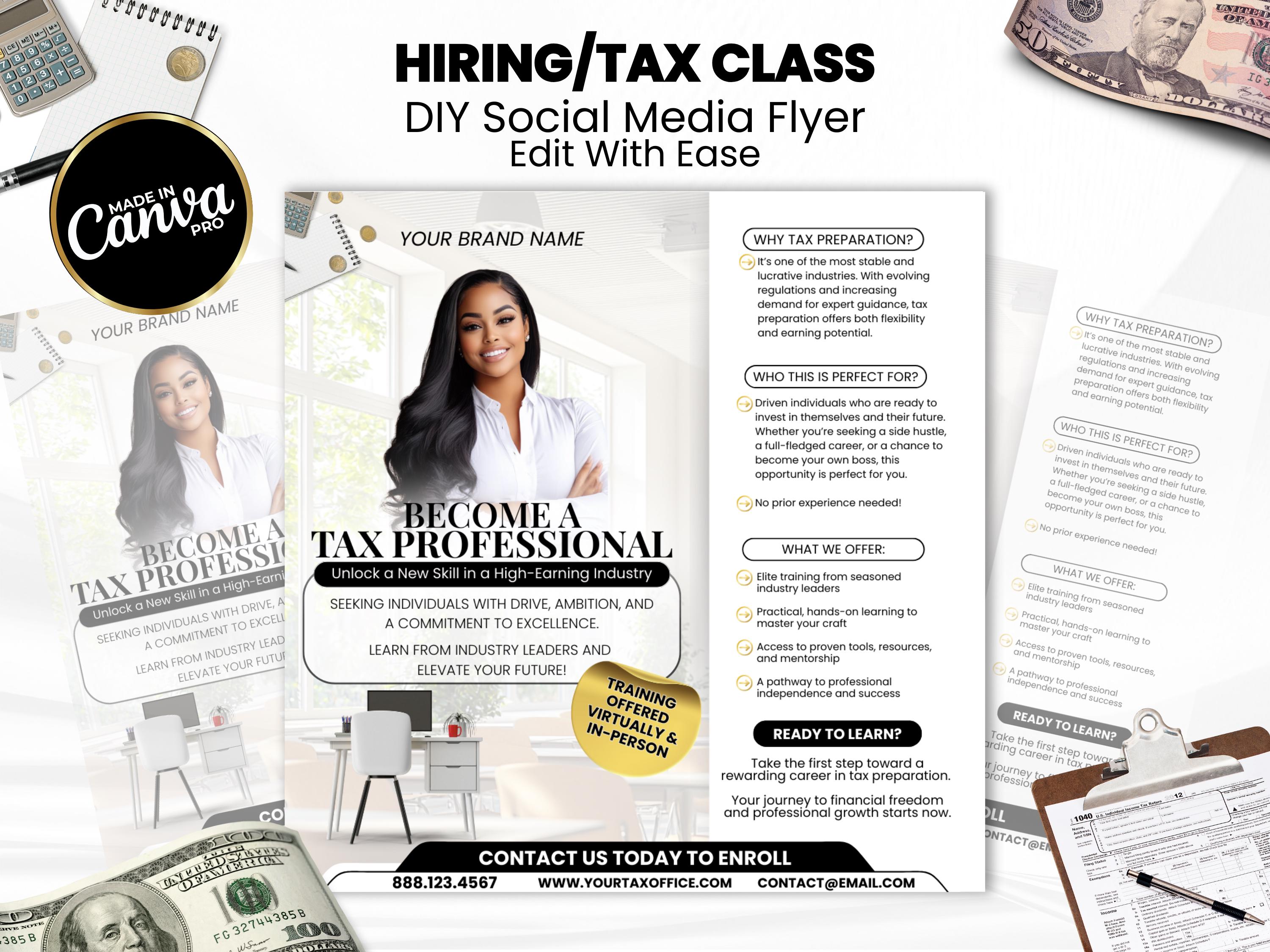 Tax Season Hiring Flyer, Tax Season Recruitment Flyer, Tax Class Flyer, Editable Tax Flyer, Tax Office Marketing, Tax Office Template