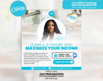 Tax Class Flyer Canva Template | Learn a 6 Figure Skill Maximize Your Income | Editable Virtual Tax Training Social Media Flyer