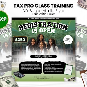 Może przedstawiać: Ulotka promocyjna na szkolenie dla profesjonalistów podatkowych. Ulotka zawiera tekst "Registration is Open" i zawiera zdjęcia kobiet. Ulotka zawiera również tekst "DIY Social Media Flyer" i "Edit With Ease."