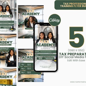 Op de afbeelding: Een bundel van vijf social media flyers voor belastingvoorbereiding. De flyers tonen afbeeldingen van vrouwen in zakelijke kleding, de tekst "Tax Academy" en details over een 3-daagse training. De flyers zijn gemakkelijk te bewerken.