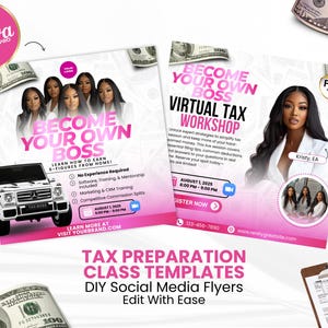 Puede incluir: Flyers de redes sociales rosas y blancos que promocionan un taller virtual de impuestos. Los flyers presentan el texto "Conviértete en tu propio jefe" e incluyen imágenes de mujeres, un coche y dinero. Los flyers están diseñados para ser fácilmente editados.