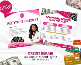 Pink Credit Repair Flyer Bundle, Canva Templates, Financial Business Marketing (Digital Download)