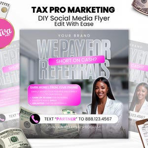 Peut inclure: Flyer promotionnel pour Tax Pro Marketing, avec une femme en blazer blanc. Le texte du flyer comprend "We Pay for Referrals" et "Earn Money From Your Phone". Le flyer affiche également un numéro de téléphone et un appel à l'action.