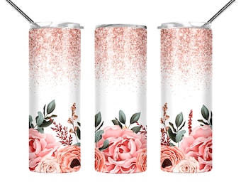 Floral Stainless Steel Skinny Tumbler, 20 Oz, with Lid and Straw
