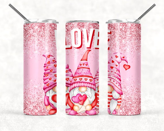 Custom tumbler with lid and straw, Gnome Valentine tumbler, 20 oz tumbler,  Stainless steel tumbler, Pink Gnome Insulated tumbler.