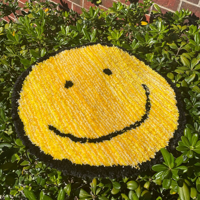 Striped smiley face rug handmade & new acrylic yarn yellow Etsy