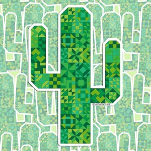 May include: A sticker featuring a green cactus design with a white border. The cactus is composed of various shades of green geometric shapes. The background has a repeating pattern of light green cactus outlines. The text "@SASSAFRASLANE" is visible.