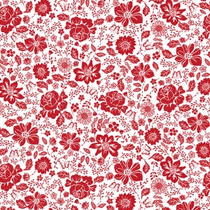 May include: A seamless pattern featuring red floral designs on a white background. The pattern includes roses, daisies, and other floral elements, creating a delicate and intricate design.