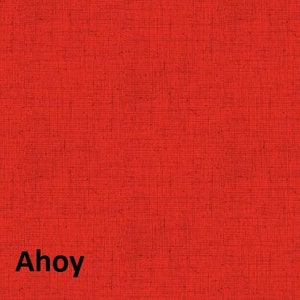 May include: A solid red fabric background with the word "Ahoy" in black text.