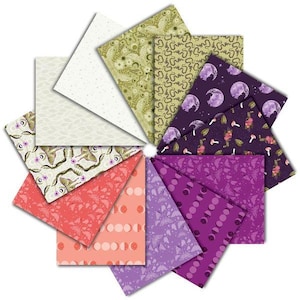 May include: A set of 10 patterned paper sheets featuring various designs, including butterflies, moons, and floral motifs. The papers are in shades of purple, pink, green, and white.