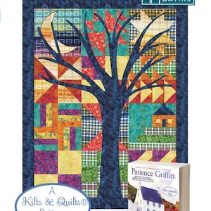 May include: A colorful quilt by Patience Griffin, measuring 42 x 54 inches, featuring a tree design with a moon and houses. The quilt is made with various patterned fabrics in shades of blue, red, yellow, and green. A book titled "Blame it on Scotland" is also visible.