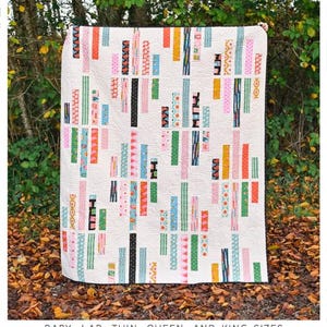May include: The Vivian Quilt pattern by Erica Jackman. A colorful quilt with vertical stripes in various colors, including pink, orange, green, and blue, on a white background. The quilt is displayed outdoors. The text "Kitchen Table Quilting" is visible.