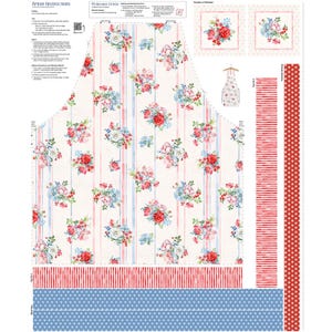 May include: A fabric panel for an apron, displaying a floral design with red, pink, and blue roses on a cream backdrop with vertical stripes. Additional fabric pieces include red and blue striped and star-patterned sections.