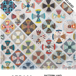 May include: A quilting pattern and acrylic template for a quilt titled "Steam Punk". The quilt features a repeating pattern of colorful, geometric shapes with a steampunk theme. The pattern is by Jen Kingwell.