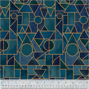 May include: Abstract geometric pattern with a teal and gold color scheme. The pattern is made up of squares, circles, and triangles. The gold lines are thin and delicate, and the teal colors are rich and vibrant.