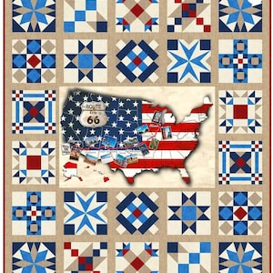 May include: A quilt with a patchwork design featuring red, white, and blue squares and stars. The center of the quilt features a map of the United States with a red line representing Route 66. The text "Route US 66" is visible on the map.